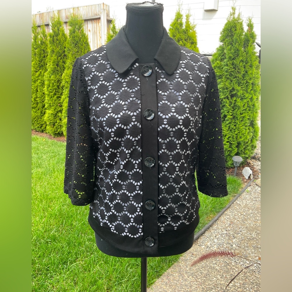 TanJay Petites Classy Black lined Buttoned Lace Top